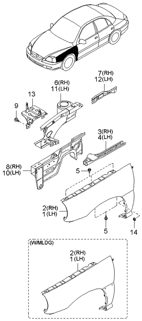 2001 Kia Rio Panel-Fender LH Diagram for 66311FD101