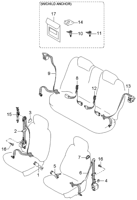 2003 Kia Rio Rear Center Seat Belt Assembly Left Diagram for 0K32A57780A08