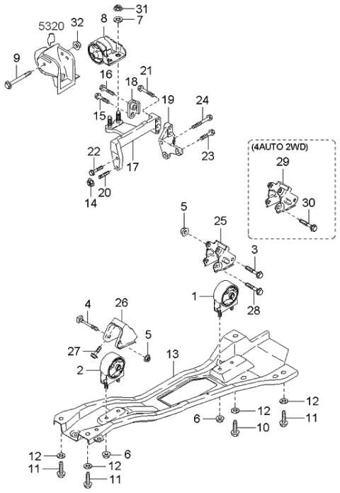 2001 Kia Rio Engine Mounting Bracket, No2 Diagram for 0K30A39020A