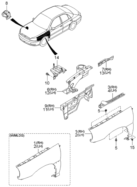 2001 Kia Rio Fender Assembly-Front ,LH Diagram for 0K32B52211