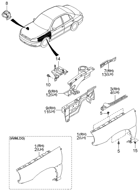 2001 Kia Rio Fender-Front H Diagram for 0K32A52111