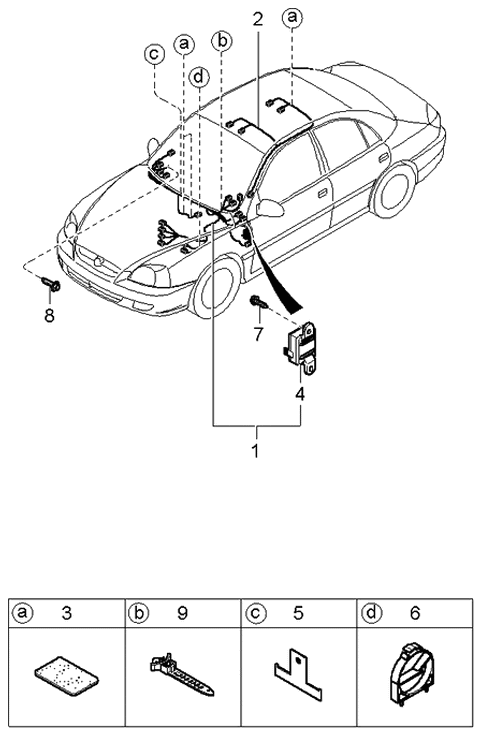 2000 Kia Rio Wiring Harness-Front & Rear Diagram 1