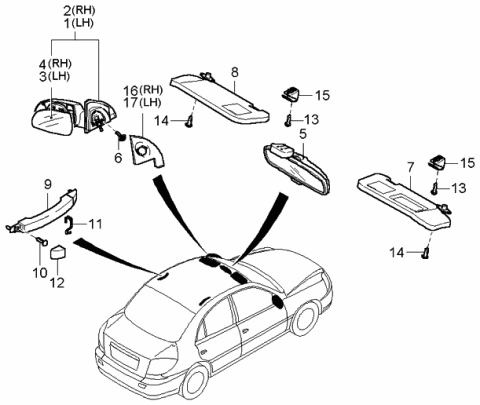 2003 Kia Rio Sunvisor & Assist Handle & Mirror Diagram 1