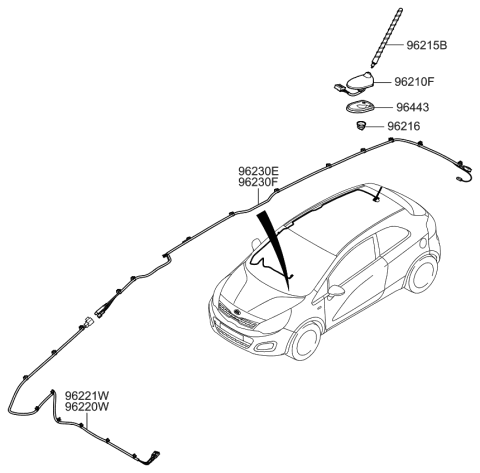 2014 Kia Rio Combination Antenna Pole Diagram for 962151W000