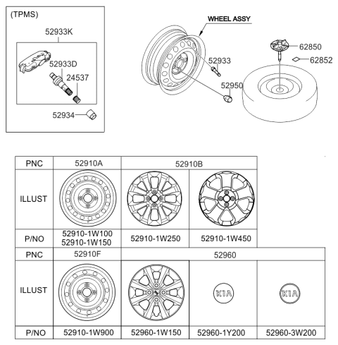 2013 Kia Rio Wheel & Cap Diagram
