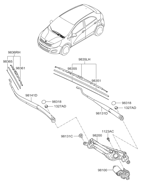 2013 Kia Rio Driver Windshield Wiper Arm Assembly Diagram for 983111W000