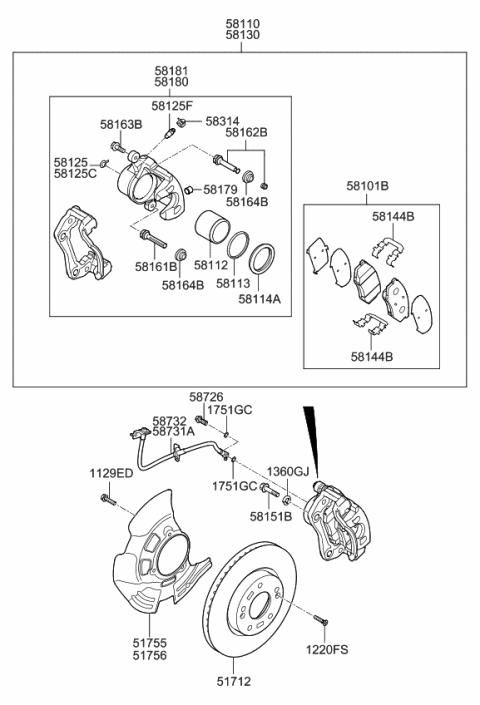 2014 Kia Optima Front Brake Assembly, Left Diagram for 581103Q500