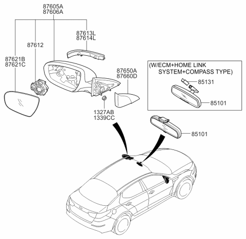 2015 Kia Optima Outside Rear View Mirror Assembly, Left Diagram for 876104C500