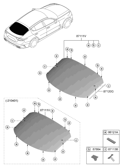 2023 Kia Stinger Rear Window Glass & Moulding Diagram