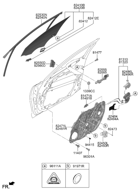 2022 Kia Stinger Front Door Window Regulator & Glass Diagram