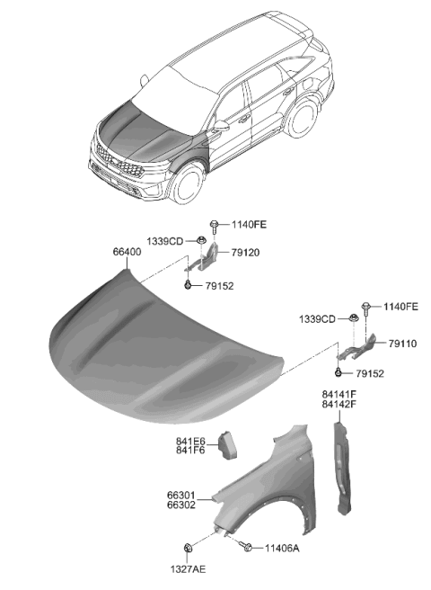 2022 Kia Sorento Hybrid Fender & Hood Panel Diagram