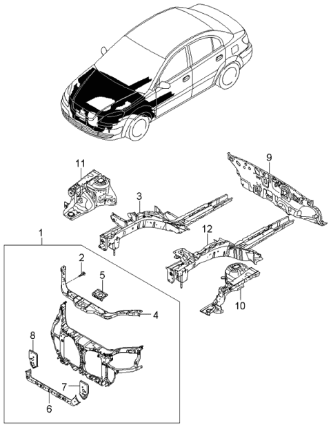 2005 Kia Rio Fender Apron & Radiator Support Panel Diagram