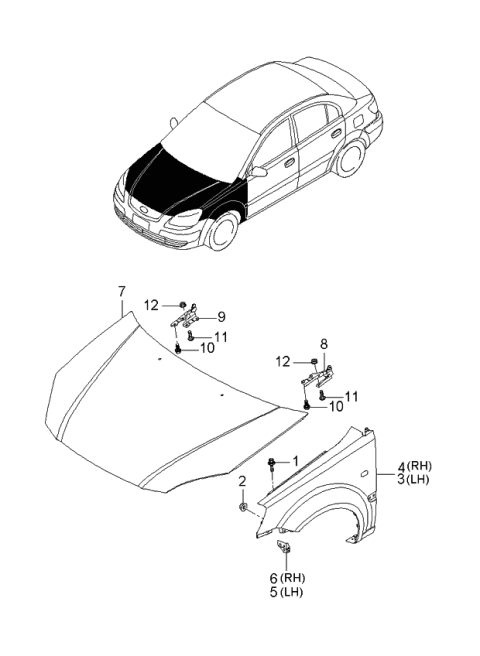 2006 Kia Rio Fender & Hood Panel Diagram