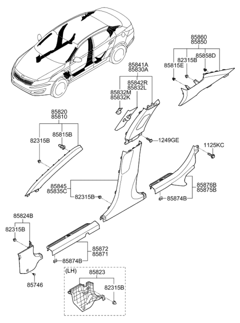 2011 Kia Optima Hybrid Trim Assembly-COWL Side Diagram for 858244U000VA