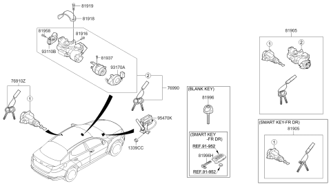 2011 Kia Optima Lock Key & Cylinder Set Diagram for 819052T100