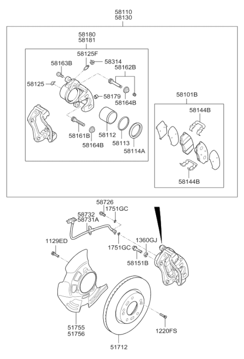 2011 Kia Optima Brake Front Hose, Right Diagram for 587322T500