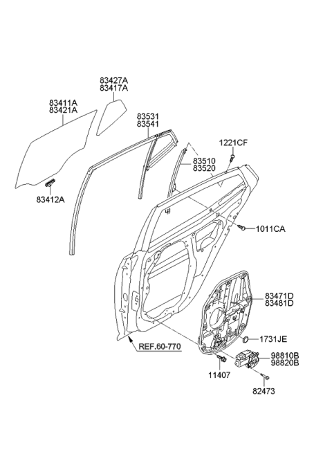 2011 Kia Optima US Georgia Made Rear Door Window Regulator & Glass Diagram