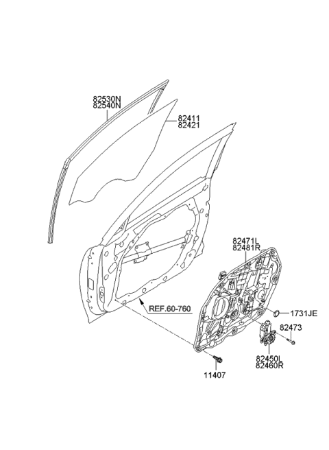 2011 Kia Optima US Georgia Made Front Door Window Regulator & Glass Diagram