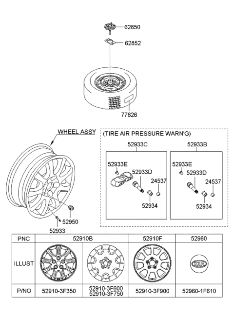 2009 Kia Amanti Wheel & Cap Diagram