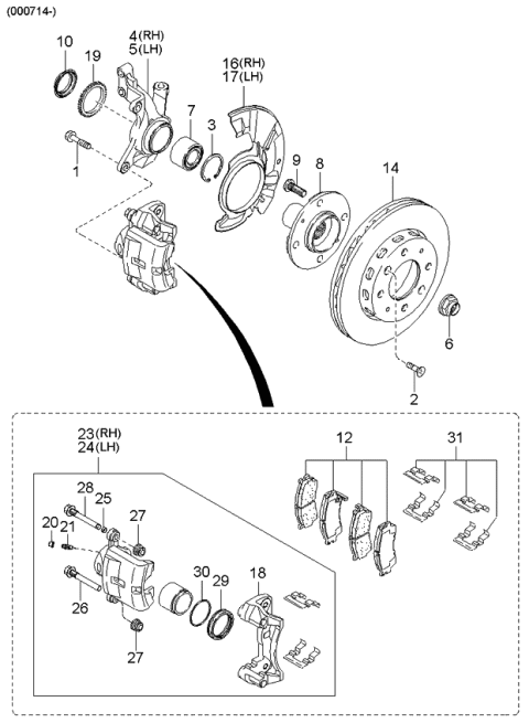 1999 Kia Sephia Front Wheel Hub Assembly Diagram for 0K20133061A