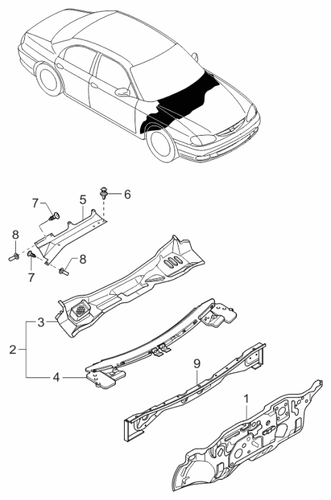 2001 Kia Sephia Dash & Cowl Panels Diagram