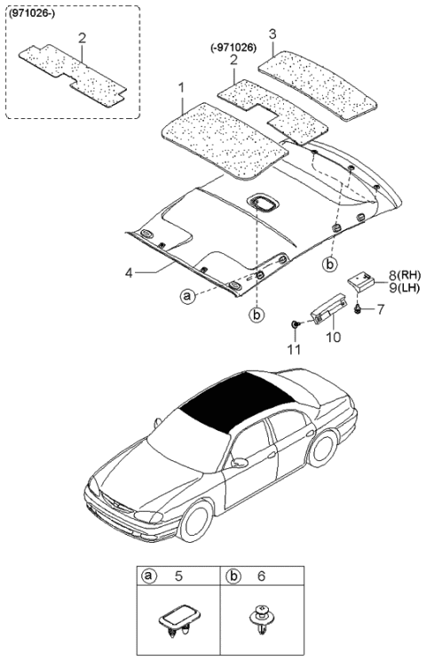 1998 Kia Sephia Top Ceiling Assembly Front Diagram for 0K2AT68030J75