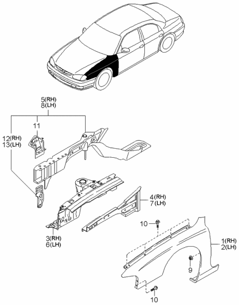 1998 Kia Sephia Fender & Wheel Apron Panels Diagram