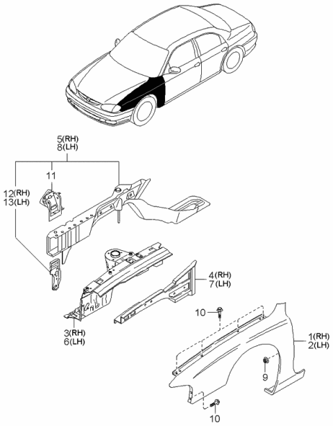 2001 Kia Sephia Fender Assembly-Front ,LH Diagram for 0K2AA52211