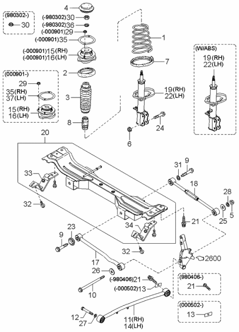 1998 Kia Sephia Rear Shock Absorber Assembly, Right Diagram for 0K2A128700B