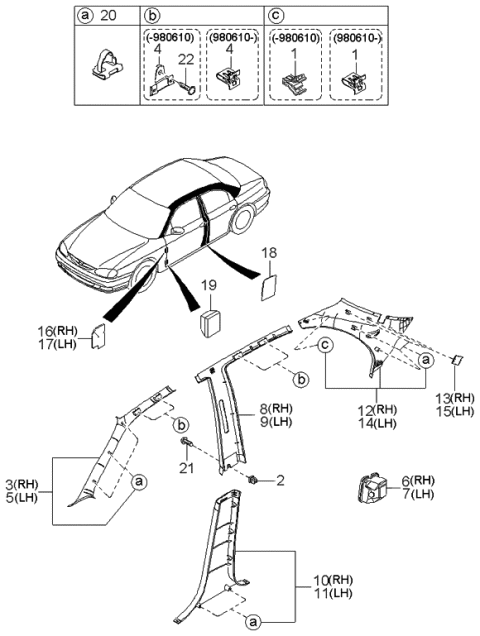 2001 Kia Sephia APILLAR Cover,RH Diagram for 0K2A1686A1