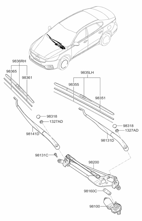 2018 Kia Cadenza Passeger Windshield Wiper Blade Assembly Diagram for 98360D4000