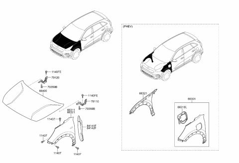 2022 Kia Niro Fender & Hood Panel Diagram