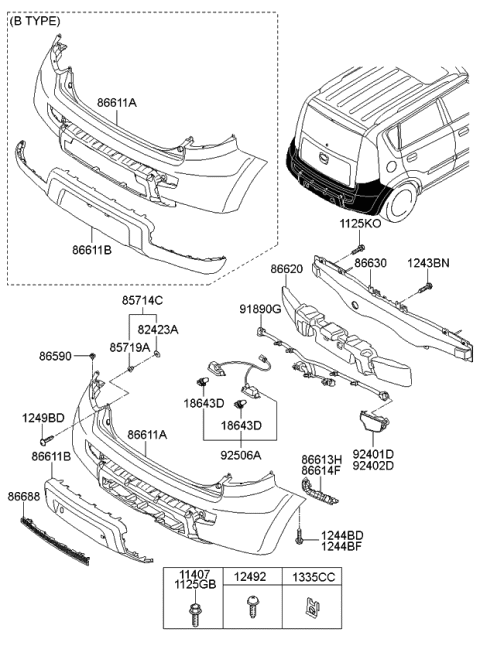 2009 Kia Soul Rail Assembly-Rear Bumper Diagram for 866302K000