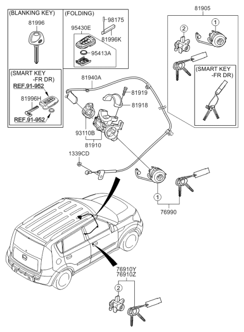 2010 Kia Soul Keyless Entry Transmitter Assembly Diagram for 954302K250