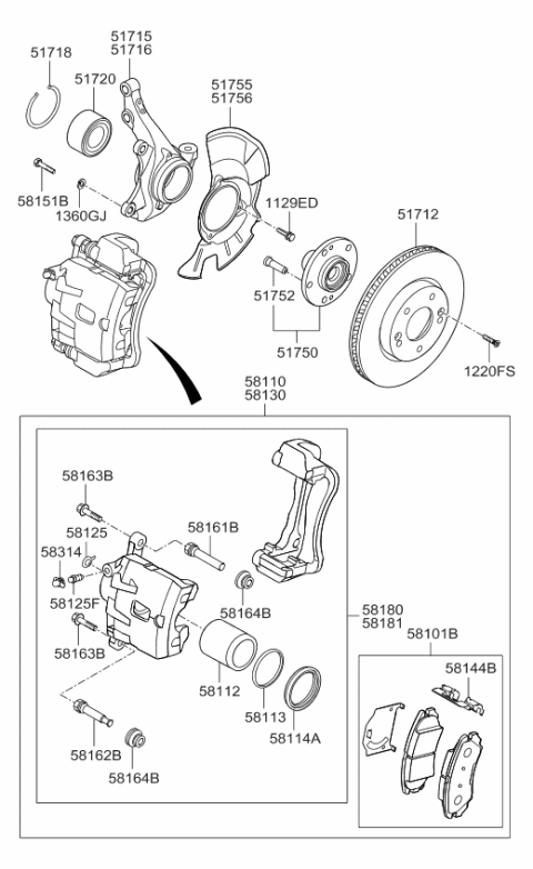 2011 Kia Soul Front Brake Assembly, Left Diagram for 581102K000