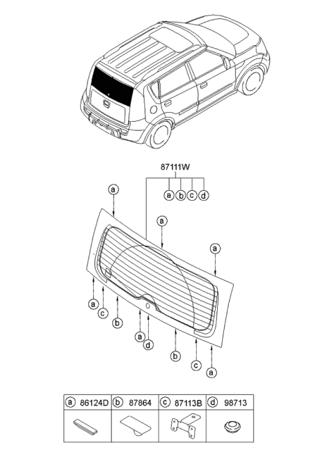 2010 Kia Soul Rear Window Glass & Moulding Diagram