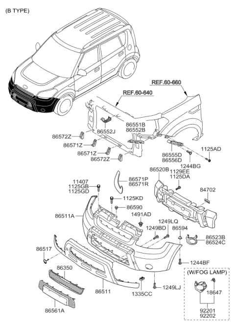2009 Kia Soul Front Bumper Control Cover Assembly Diagram for 865112K170