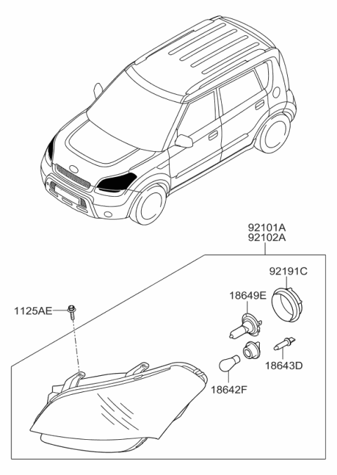 2010 Kia Soul Driver Side Headlight Assembly Diagram for 921012K030