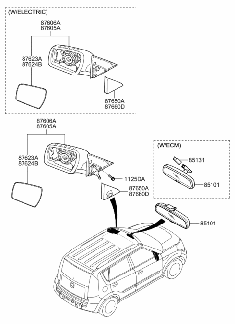 2010 Kia Soul Outside Rear View Mirror & Holder Assembly, Left Diagram for 876112K030