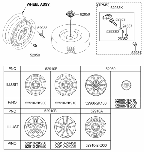 2009 Kia Soul Wheel Hub Cap Assembly Diagram for 529602K400