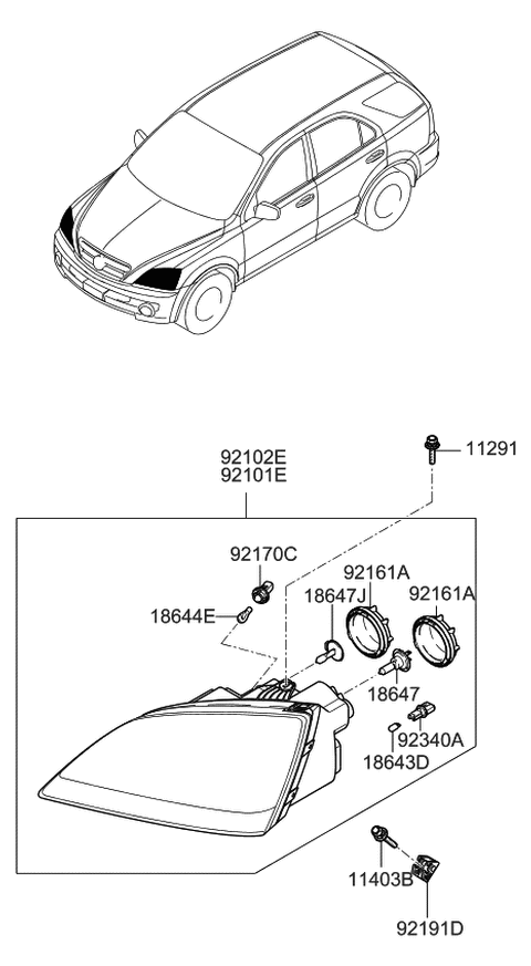 2006 Kia Sorento Driver Side Headlight Assembly Diagram for 921013E540