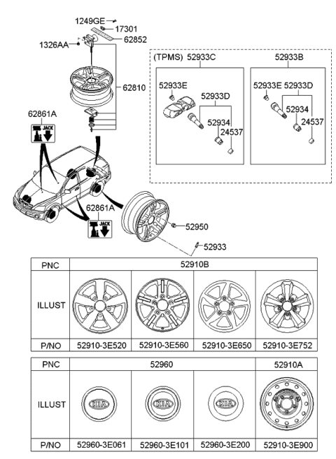 2007 Kia Sorento Wheel Hub Cap Assembly Diagram for 529603E061
