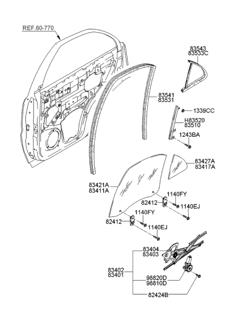 2007 Kia Sorento Rear Door Window Regulator & Glass Diagram