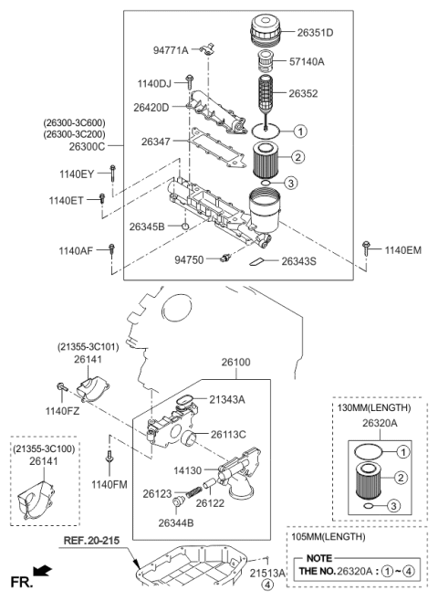2006 Kia Sorento Oil Filter Complete Assembly Diagram for 263003C600