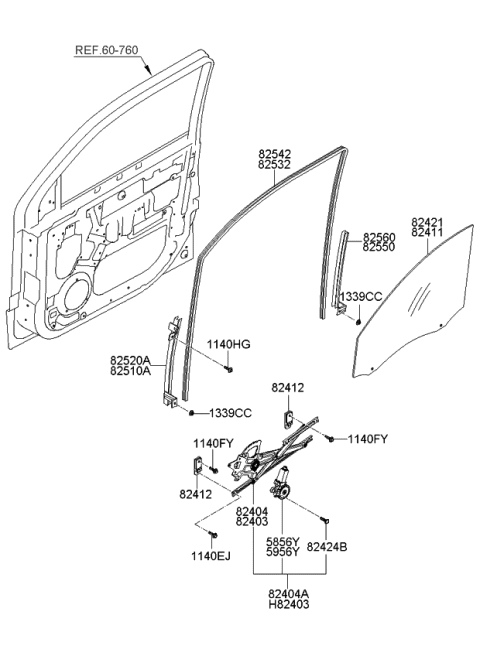 2007 Kia Sorento Front Door Window Regulator & Glass Diagram