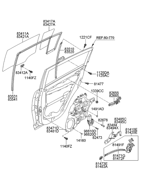 2012 Kia Sportage Rear Door Window Regulator & Glass Diagram