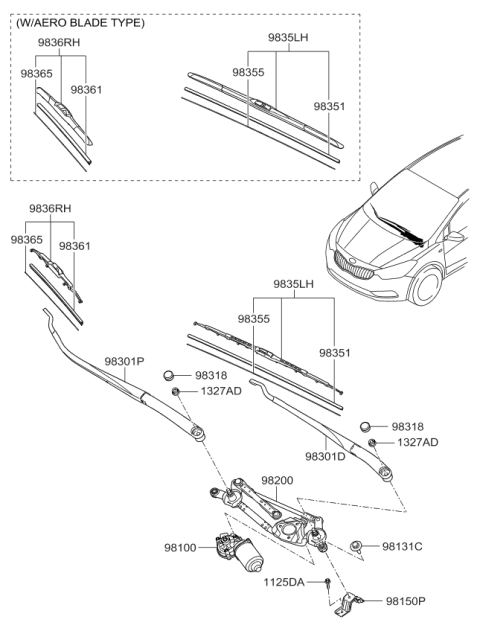 2014 Kia Forte Passeger Windshield Wiper Blade Assembly Diagram for 98360A5000