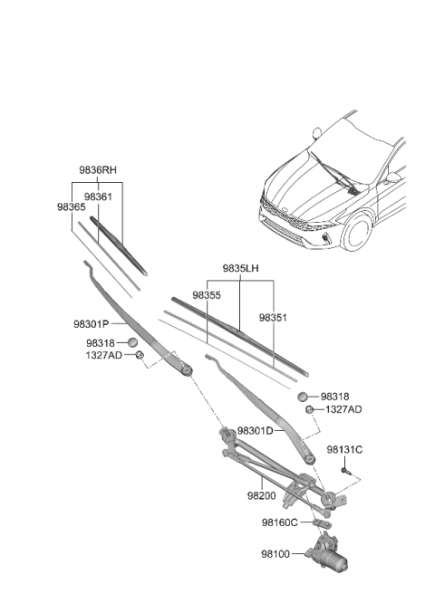2021 Kia K5 Passeger Windshield Wiper Blade Assembly Diagram for 98360C5600