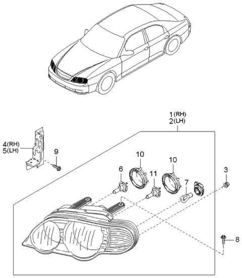 2001 Kia Spectra Driver Side Headlight Assembly Diagram for 0K2SR51040B
