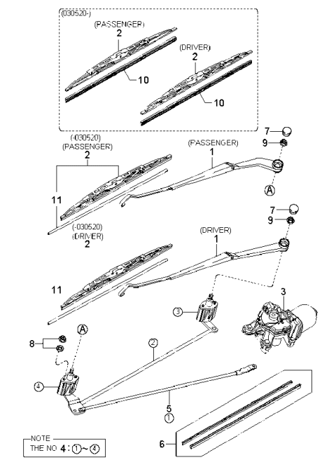2001 Kia Spectra Passeger Windshield Wiper Blade Assembly Diagram for 0K9A167330